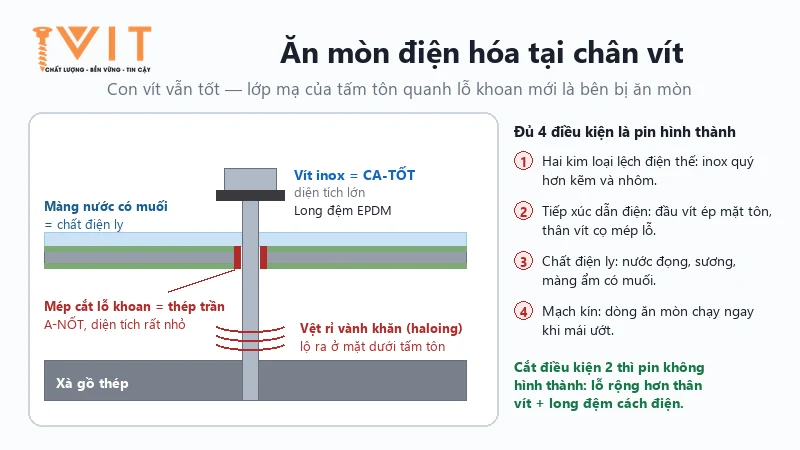 Sơ đồ ăn mòn điện hóa tại chân vít: vít inox là ca-tốt, mép cắt lỗ khoan là a-nốt diện tích nhỏ