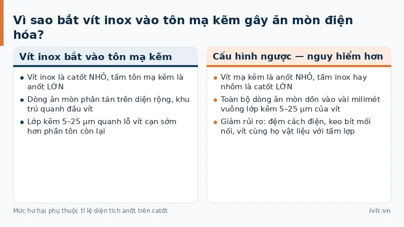 Mặt cắt vít inox xuyên qua thép mạ kẽm, vùng kẽm quanh lỗ vít ăn mòn nhanh hơn