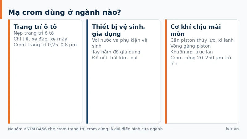 Ba nhóm ứng dụng mạ crom gồm trang trí ô tô, thiết bị vệ sinh và cơ khí chịu mài mòn