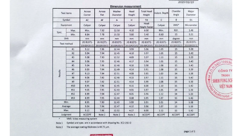 Trang báo cáo kiểm nghiệm vít tự khoan với bảng đo kích thước theo tiêu chuẩn JIS B1071