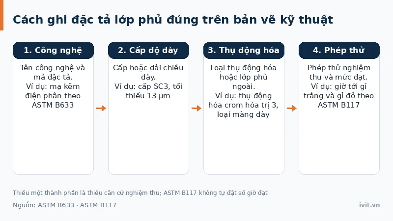 Bốn bước ghi đặc tả lớp phủ đầy đủ trên bản vẽ gồm công nghệ, độ dày, thụ động và phép thử
