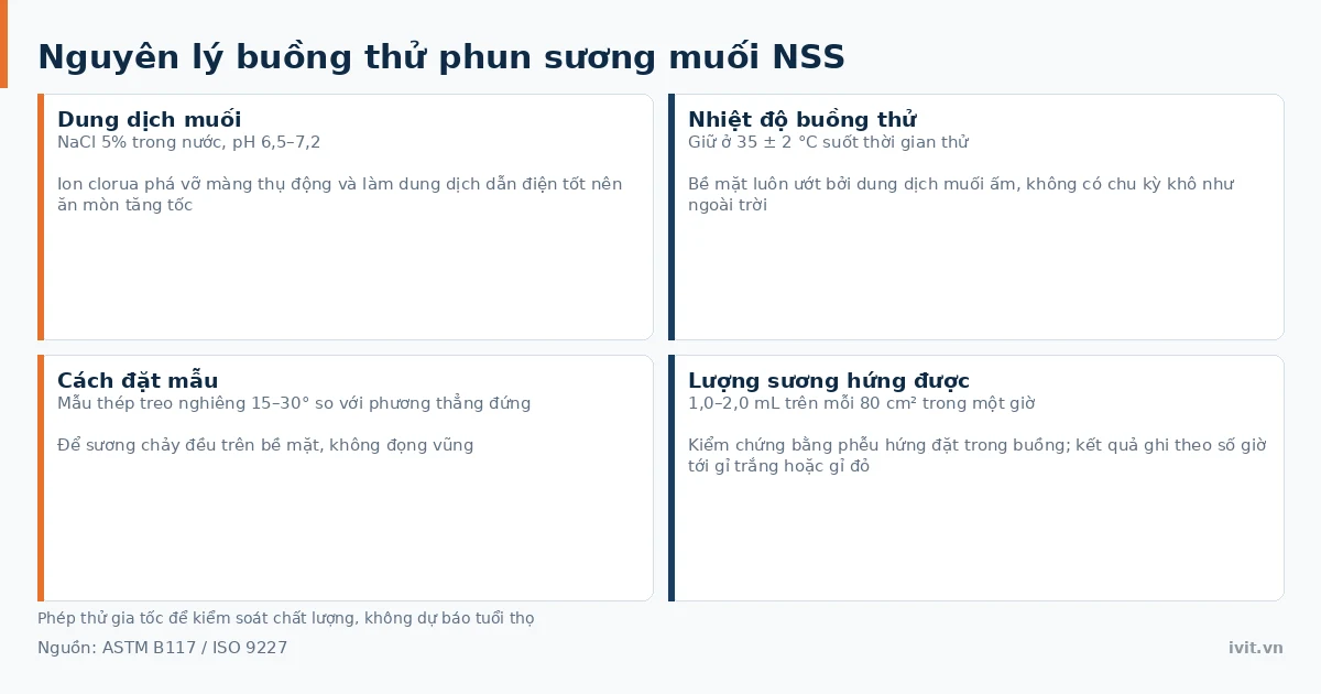 Buồng thử phun sương muối NSS mở cửa, các mẫu thép treo nghiêng trên giá đỡ