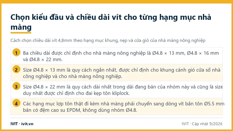 Infographic 4 ý chọn chiều dài vít Ø4.8 × 13, 16, 22 mm cho nhà màng và khi nào chuyển sang vít bắn tôn Ø5.5 có đệm