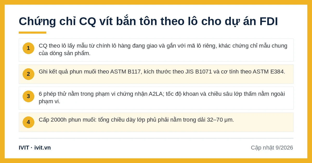 Bốn ý chính về chứng chỉ CQ vít bắn tôn theo lô cho dự án FDI: ASTM B117, JIS B1071, ASTM E384, phạm vi A2LA