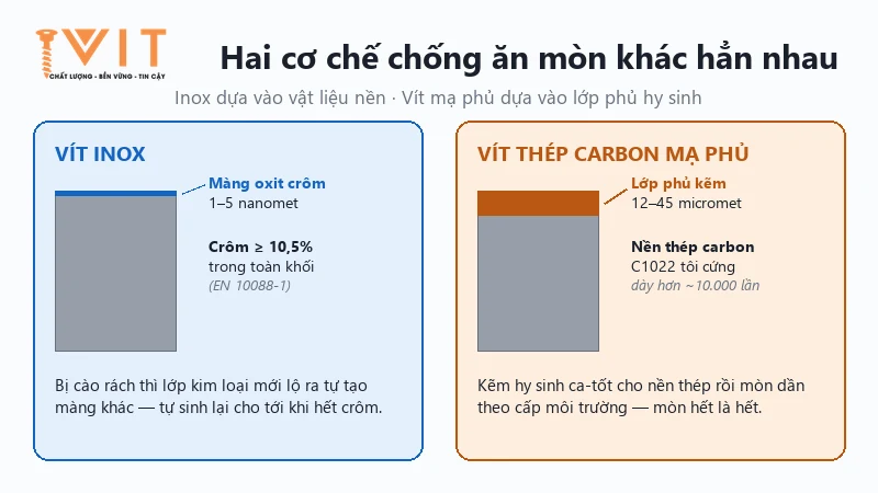 Sơ đồ so sánh màng oxit crôm 1–5 nanomet của inox với lớp phủ kẽm 12–45 micromet trên vít thép carbon
