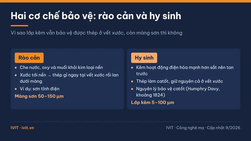 Hai thẻ đối chiếu cơ chế rào cản của lớp sơn và cơ chế hy sinh của lớp kẽm trong công nghệ mạ chống ăn mòn
