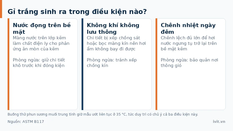 Ba thẻ điều kiện sinh gỉ trắng trên hàng mạ kẽm mới: đọng ẩm, xếp chồng kín và thiếu lưu thông khí