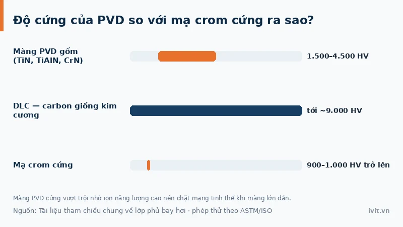 Biểu đồ so sánh độ cứng PVD, DLC, PEO, mạ crom cứng và thép nền theo thang HV