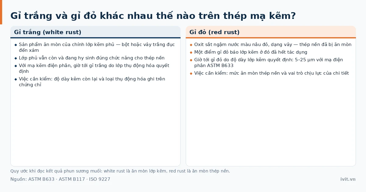 Hai thẻ đối chiếu gỉ trắng là ăn mòn lớp kẽm và gỉ đỏ là ăn mòn thép nền trên hàng mạ kẽm