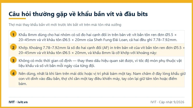 Infographic tóm tắt 4 câu hỏi thường gặp về khẩu bắn vít 8mm, độ mòn của khẩu và khẩu từ tính