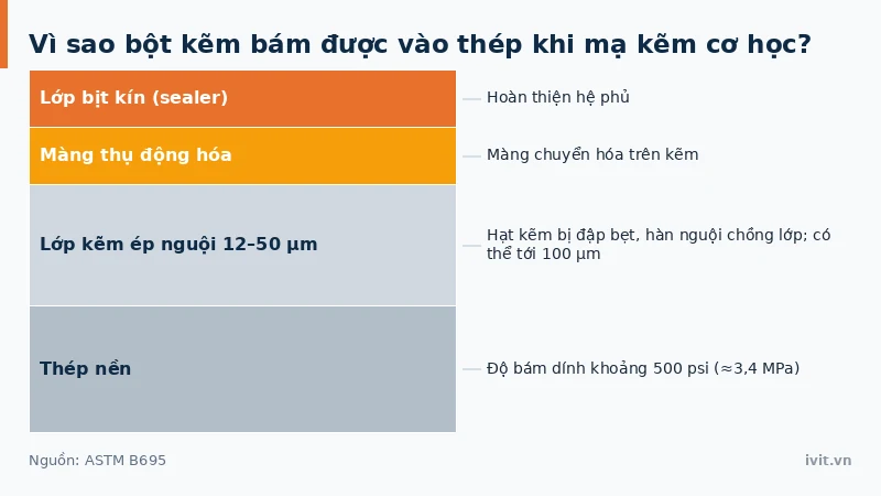 Mặt cắt lớp mạ kẽm cơ học gồm thép nền, lớp kẽm ép nguội, màng thụ động hóa và lớp sealer