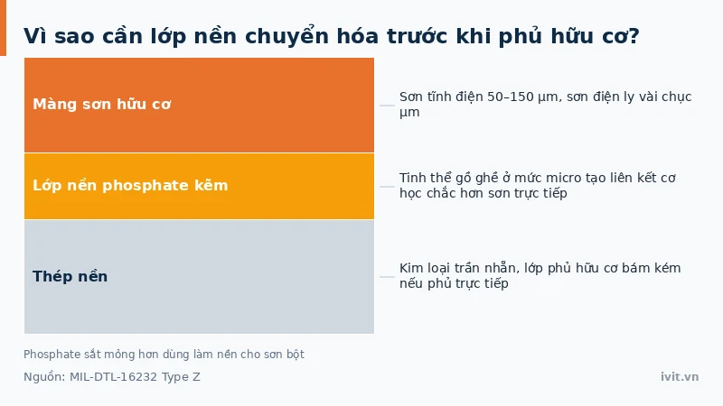 Mặt cắt lớp nền phosphate kẽm nằm giữa thép và màng sơn phủ kim loại