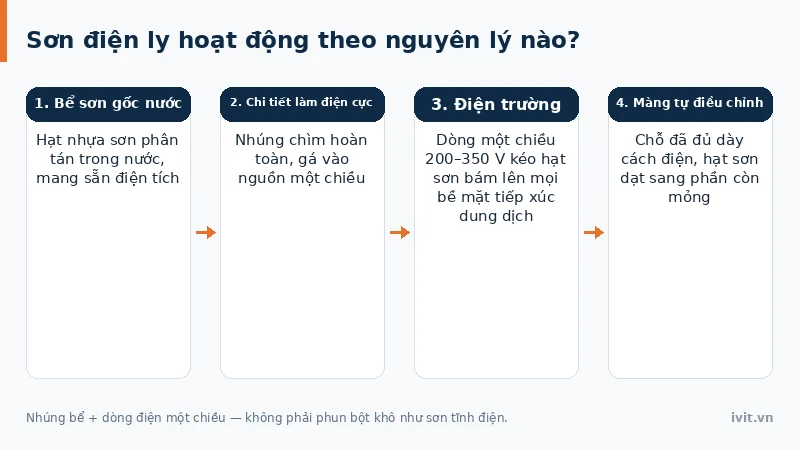 Sơ đồ hạt sơn tích điện di chuyển về điện cực trong bể sơn điện ly