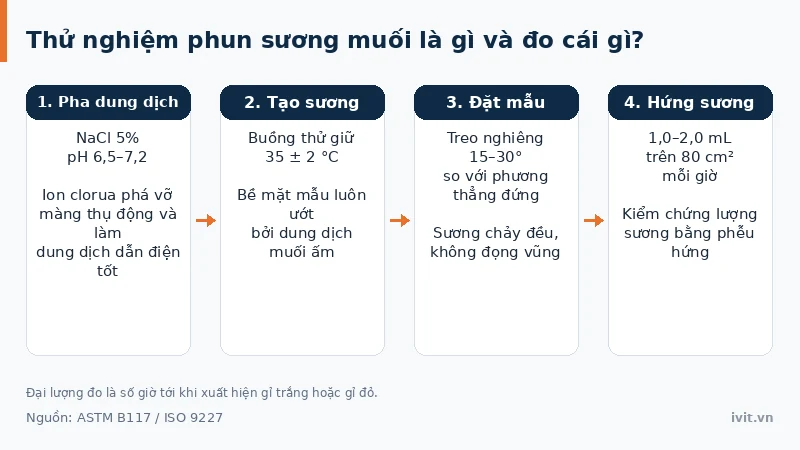 Sơ đồ bốn bước vận hành buồng thử nghiệm phun sương muối: pha dung dịch NaCl 5%, tạo sương, đặt mẫu nghiêng, hứng sương