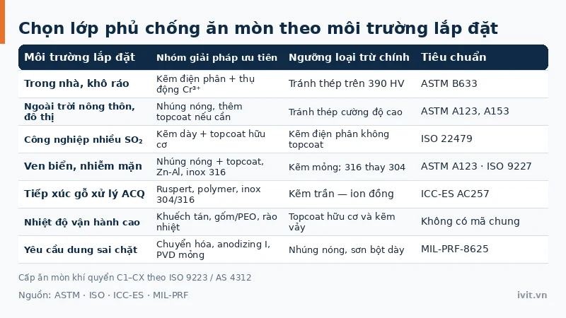 Bảng gợi ý nhóm lớp phủ chống ăn mòn theo từng môi trường lắp đặt công trình