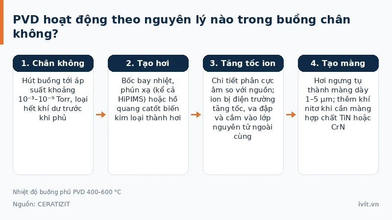 Sơ đồ quy trình phủ PVD trong buồng chân không với nguồn bốc bay kim loại