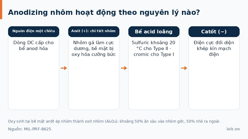 Sơ đồ bể anodizing nhôm với nhôm làm anode, dòng điện một chiều và bể acid