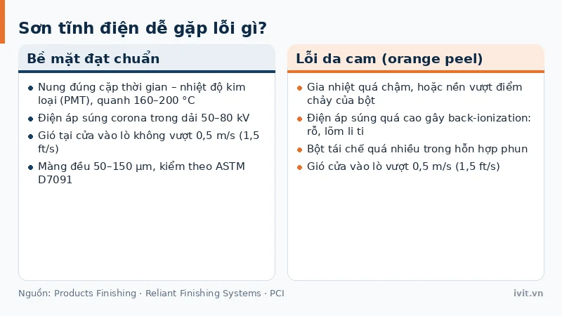 Ví dụ bề mặt sơn tĩnh điện đạt chuẩn và bề mặt lỗi da cam cần khắc phục