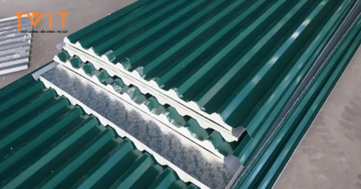 Chồng tấm tôn xốp cách nhiệt sóng màu xanh, một tấm lật ngửa lộ lớp lót bạc phía dưới