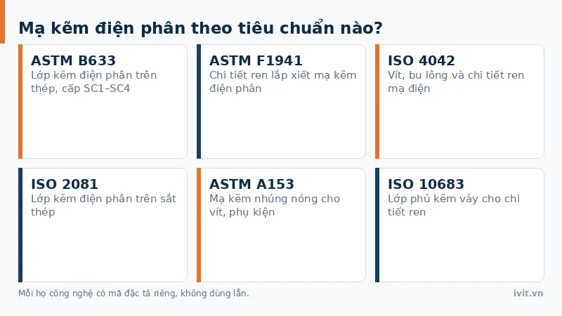 Lưới sáu thẻ mã tiêu chuẩn theo họ công nghệ, gồm ASTM B633 và ISO 4042 cho mạ kẽm điện phân