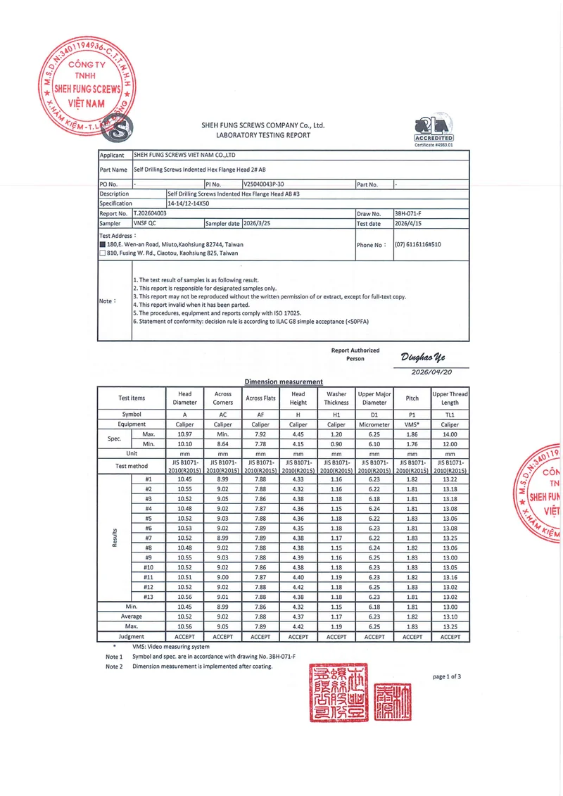 Trang đầu phiếu kiểm nghiệm một lô vít tự khoan Sheh Fung minh họa, gồm bảng đo kích thước, chữ ký và dấu đỏ