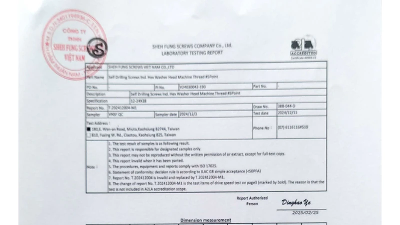 Trang đầu phiếu kiểm nghiệm lô vít tự khoan Sheh Fung, ghi chú phép thử drive speed nằm ngoài phạm vi công nhận