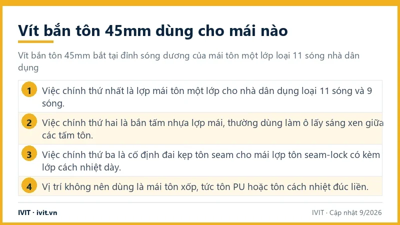 Vít bắn tôn 45mm bắt tại đỉnh sóng dương của mái tôn một lớp loại 11 sóng nhà dân dụng