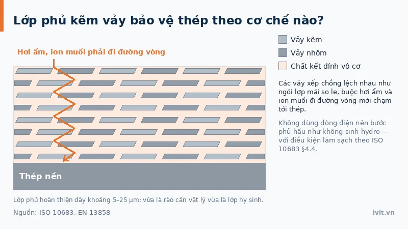 Sơ đồ các vảy kẽm và nhôm xếp chồng trong chất kết dính vô cơ tạo lớp phủ kẽm vảy