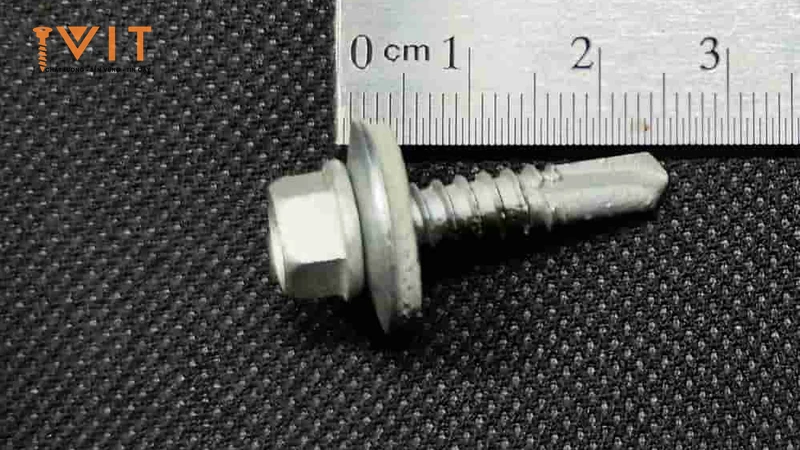 Vít bắn tôn Sheh Fung ren đơn dài 25mm kèm long đệm EPDM đặt cạnh thước cm