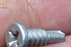 Vít đầu bằng Sheh Fung rãnh Phillips với mũi khoan mini, chụp cận cảnh trên đầu ngón tay